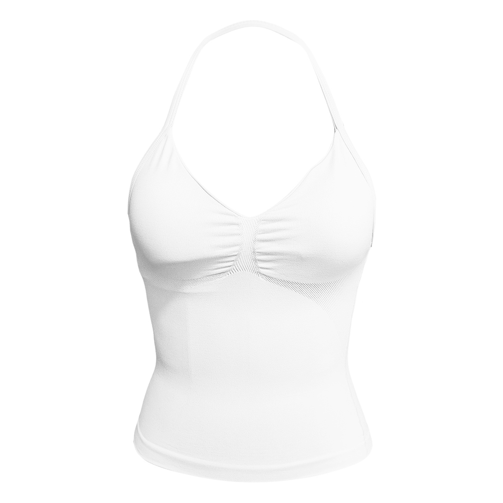 thumbnail image 5 of Camiseta deportiva sin costuras de nailon muy elástico para mujer: diseño sin espalda, copas extraíbles, detalle fruncido en la parte delantera, para yoga y fitness., 5 of 5